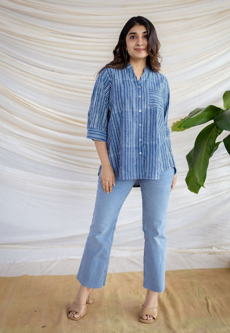 Aatifa Indigo Dabu Cotton A Line Shirt