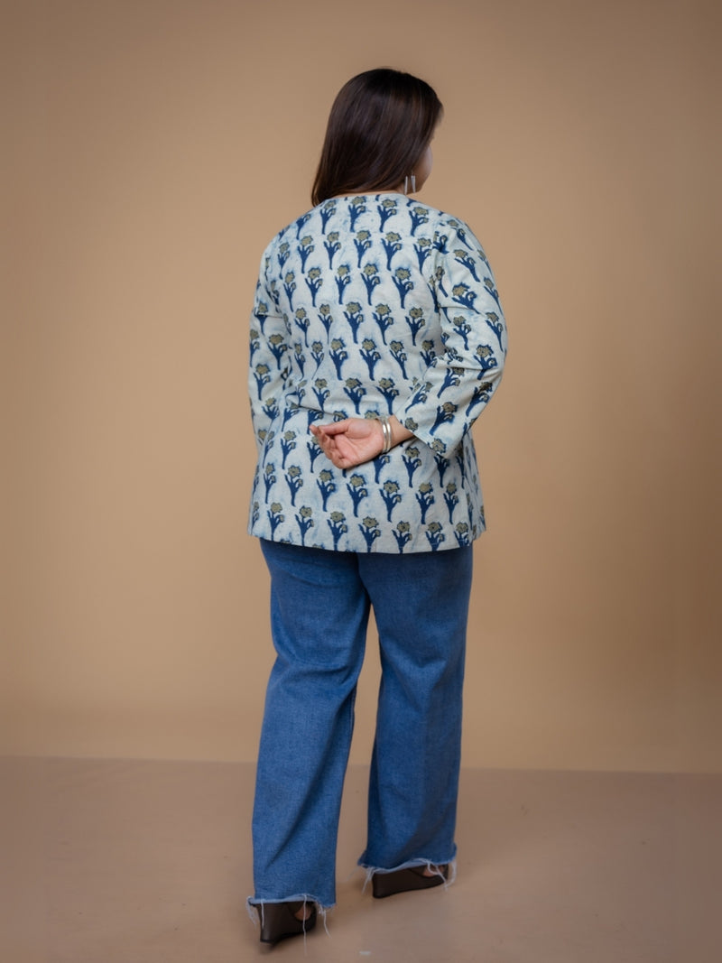 Navya Blue Ajrakh Cotton Straight Short Top