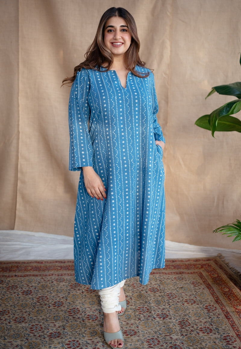 Shaili Indigo Dabu Slub Cotton A Line Kurta with Embroidery