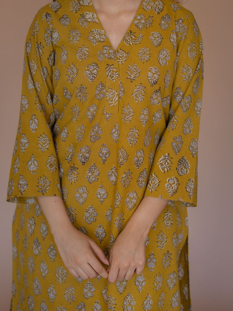 Avika Yellow Bagru Cotton Straight Kurta