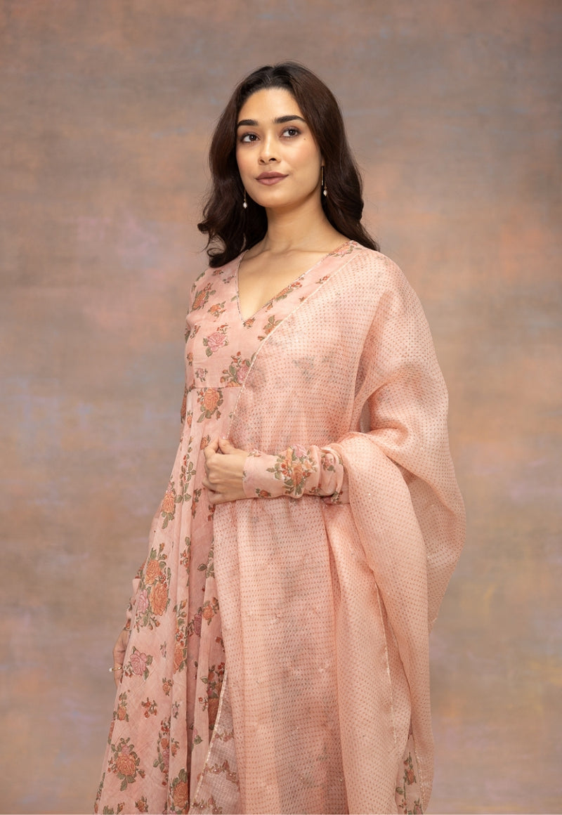 Rozhira Pink Sanganeri Chanderi Silk A Line Kurta with Hand Embroidery