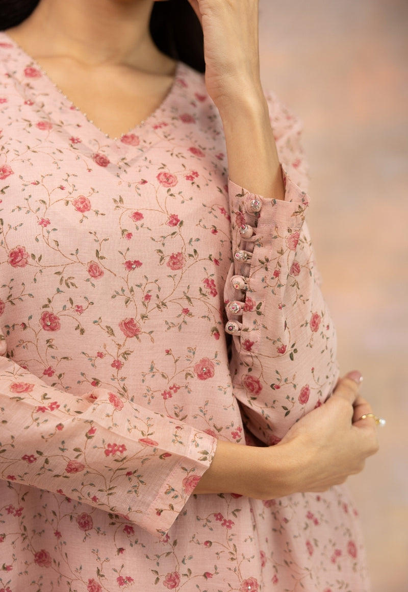 Rose Pink Sanganeri Chanderi Silk Kali Kurta with Hand Embroidery