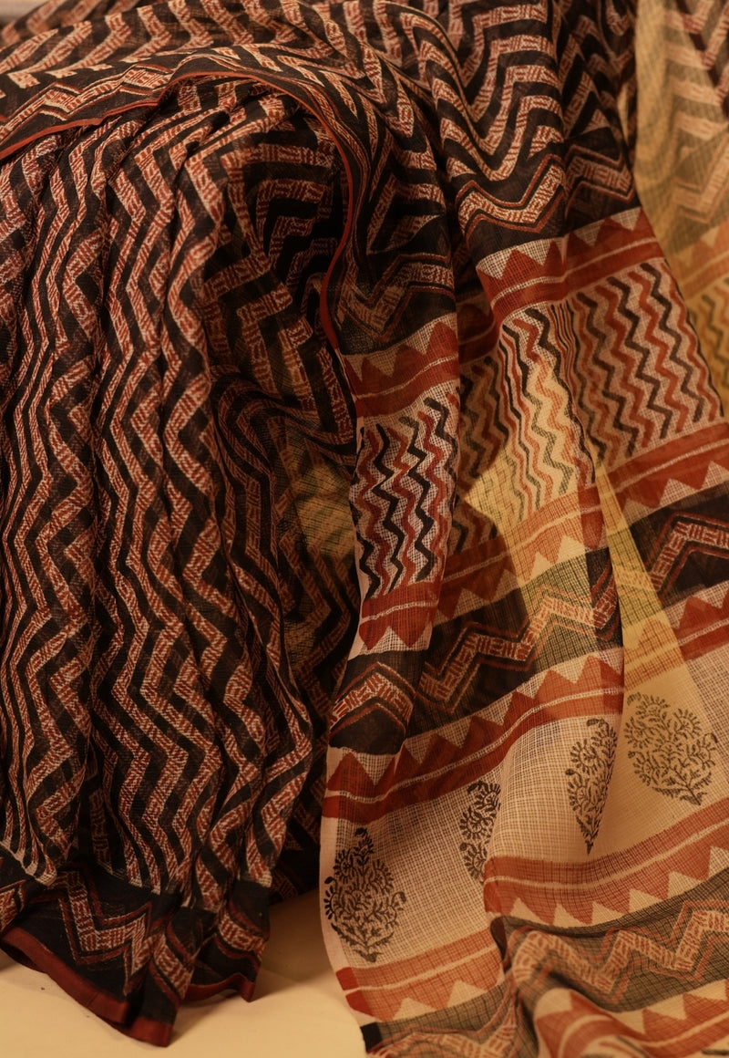 Black Chevron Bagru Hand Block Print Kota Doria Saree
