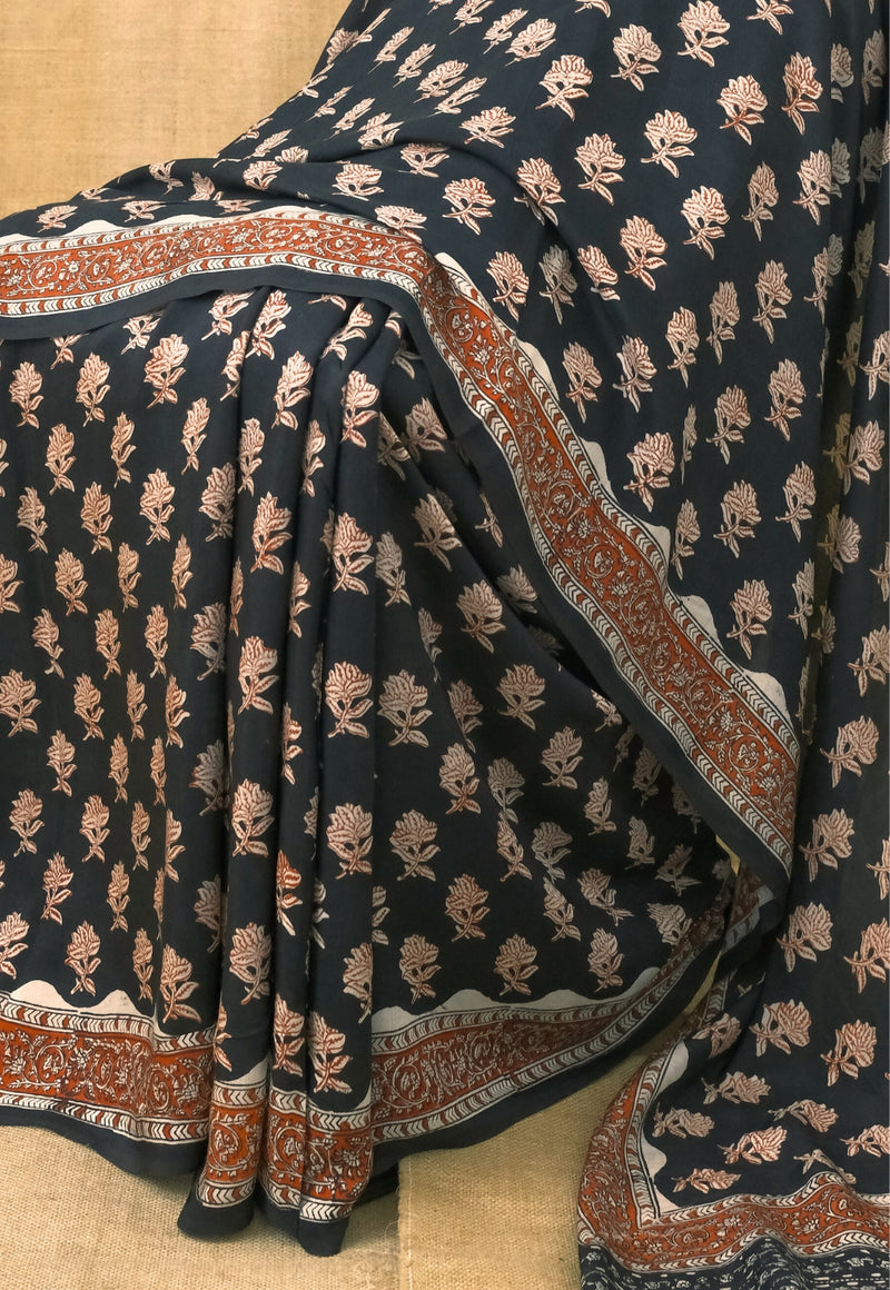 Black Butti Bagru Hand Block Print Modal Saree