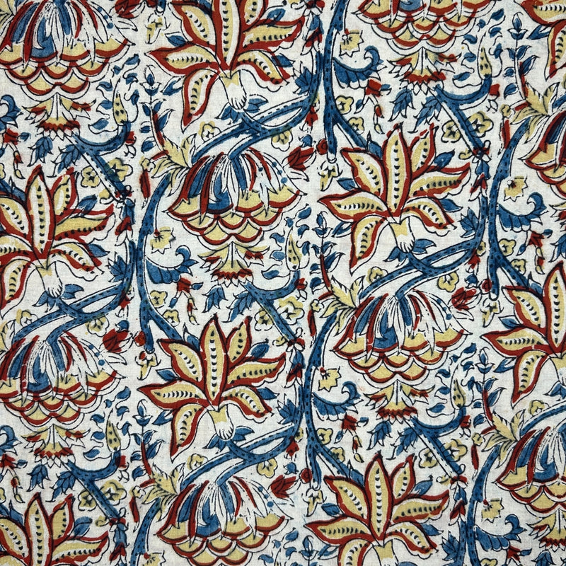 Yellow-Red Butta Jaal Kalamkari Handblock Printed Cotton Fabric