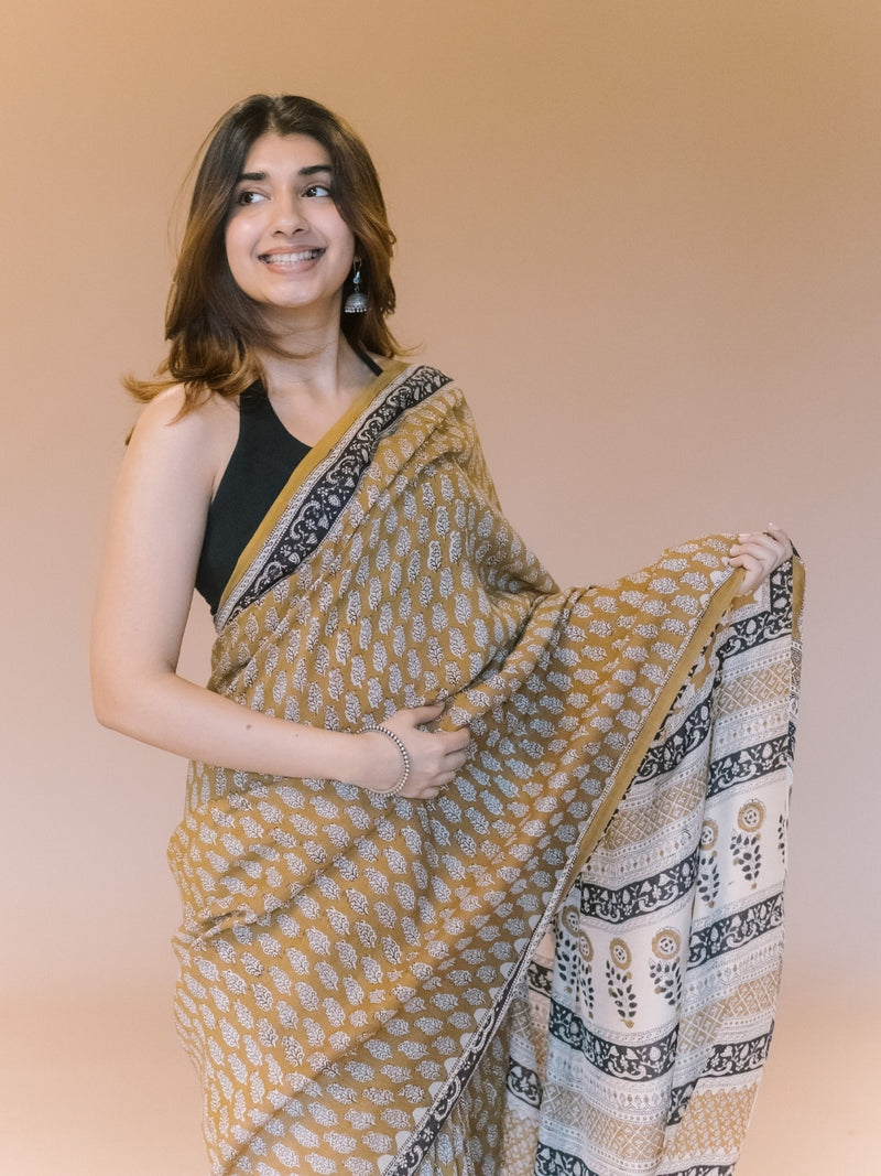 Yellow Butti Bagru Hand Block Print Modal Saree