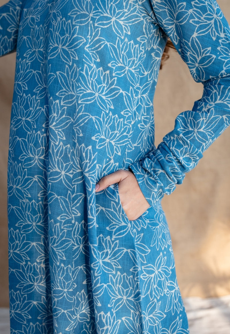 Kaya Blue Kali Dabu Slub Cotton Kurta with Hand Embroidery