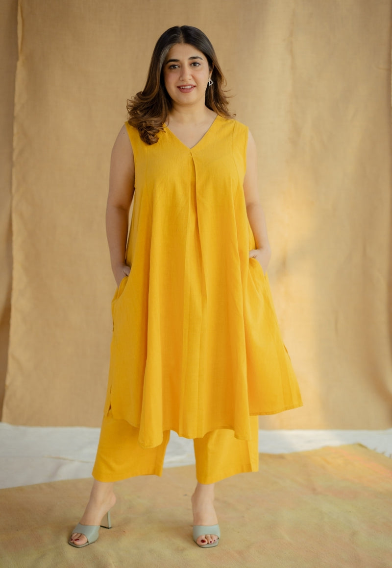 Raahi Mustard Solid Kala Cotton A Line Kurta