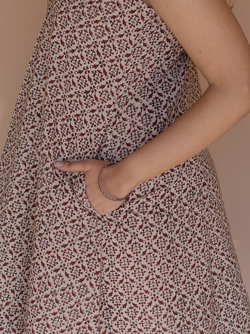 Vamika Off White Bagru Cotton A Line Dress