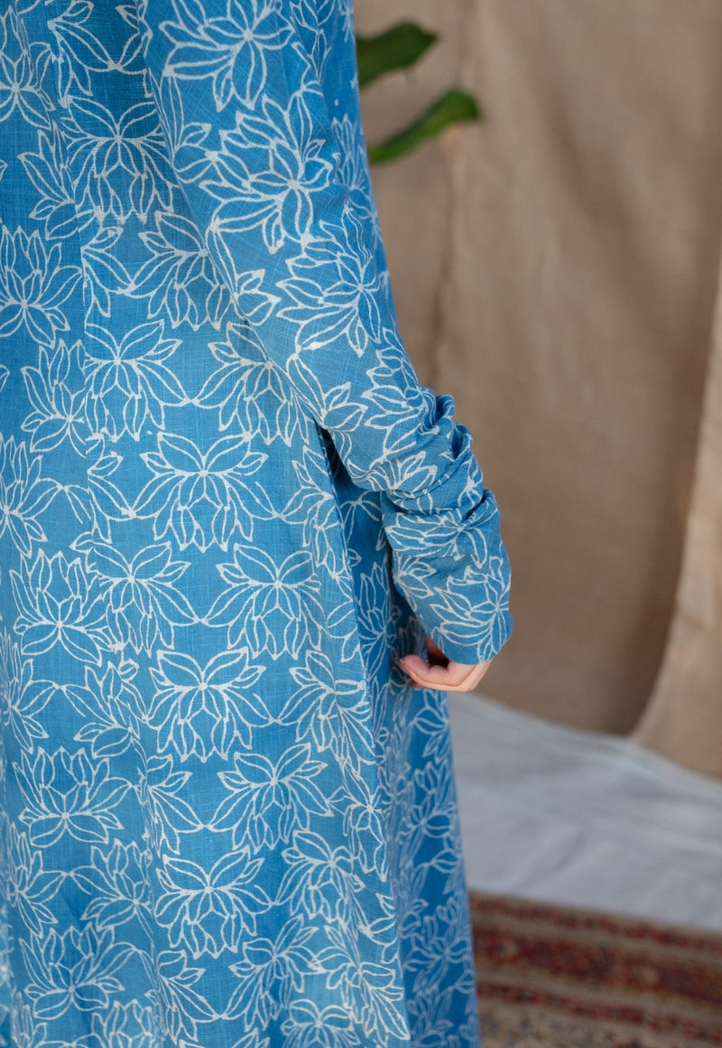 Kaya Blue Kali Dabu Slub Cotton Kurta with Hand Embroidery