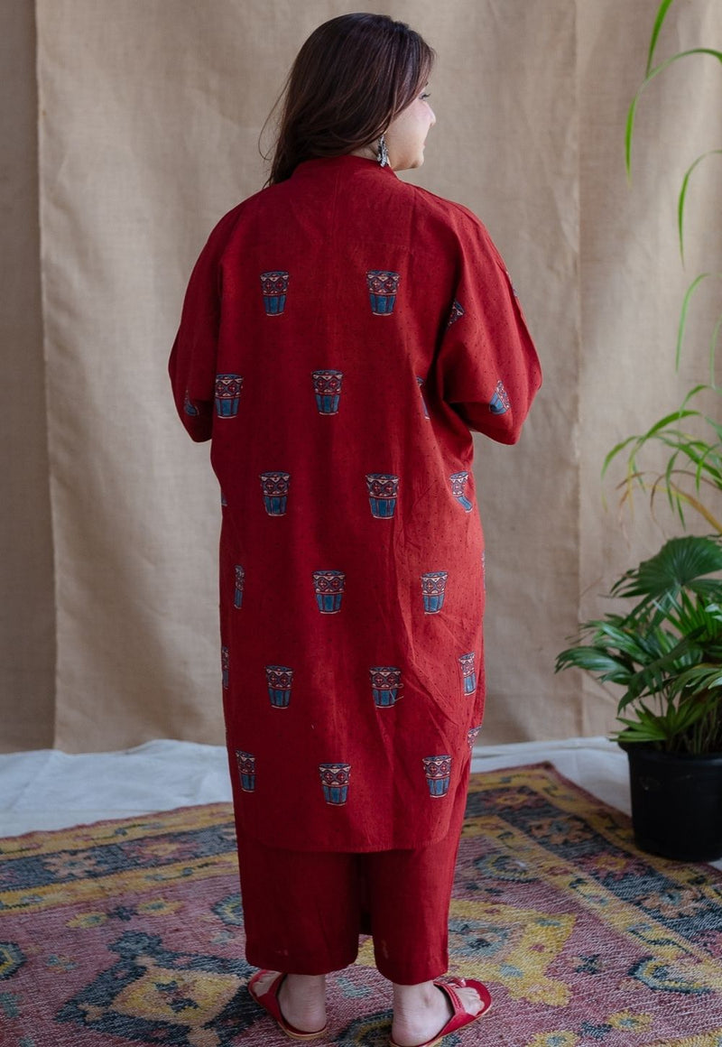 Irani Chai Red Ajrakh Cotton Straight Kurta