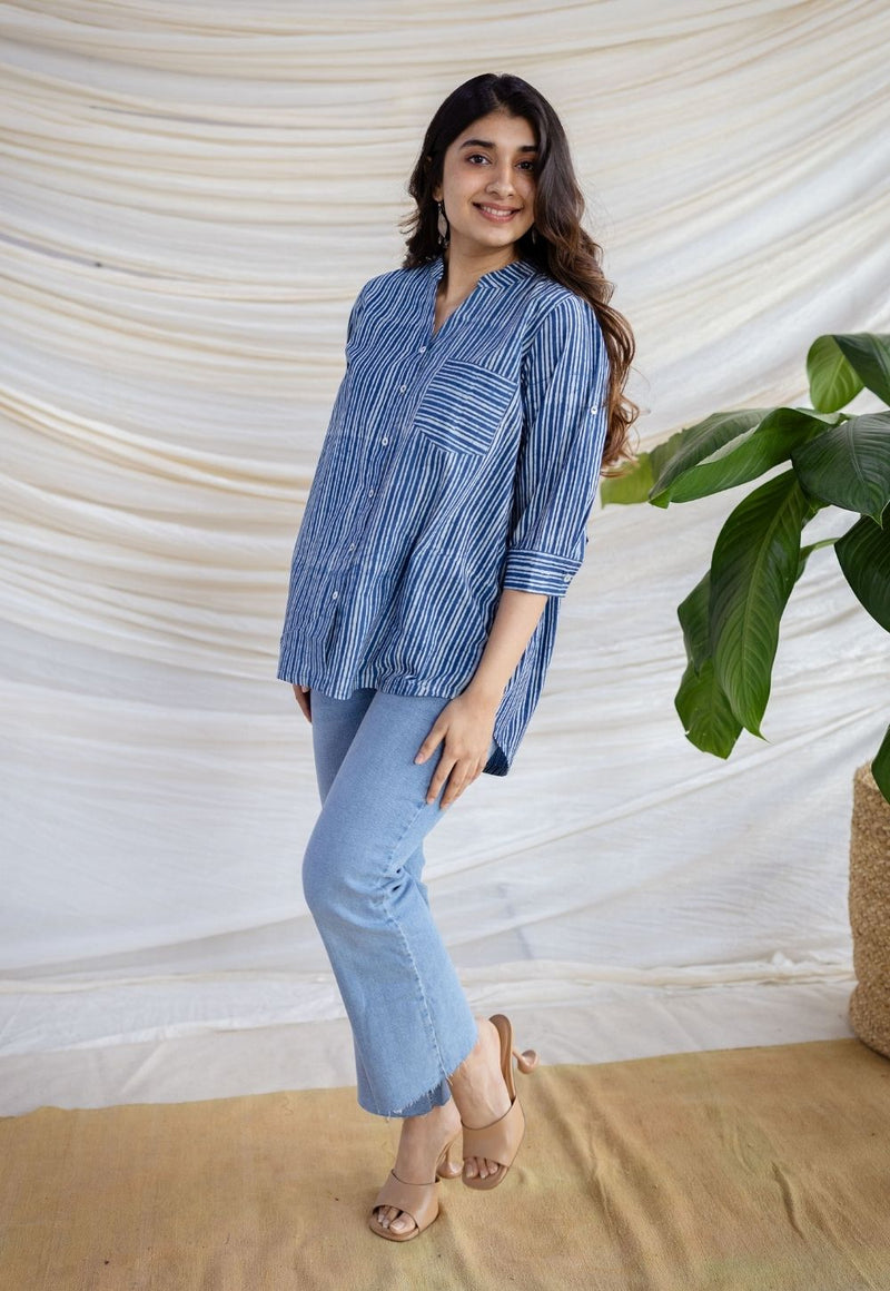 Aatifa Indigo Dabu Cotton A Line Shirt