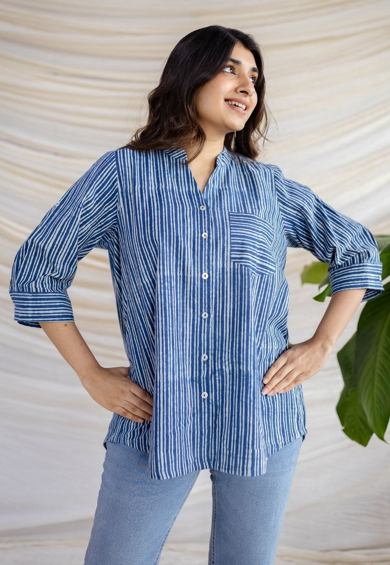 Aatifa Indigo Dabu Cotton A Line Shirt