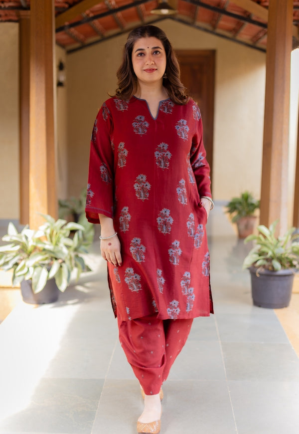 Hitanshi Madder Ajrakh Chanderi Silk A Line Kurta with Hand Embroidery