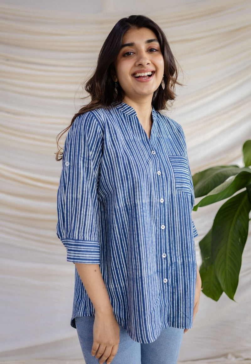 Aatifa Indigo Dabu Cotton A Line Shirt