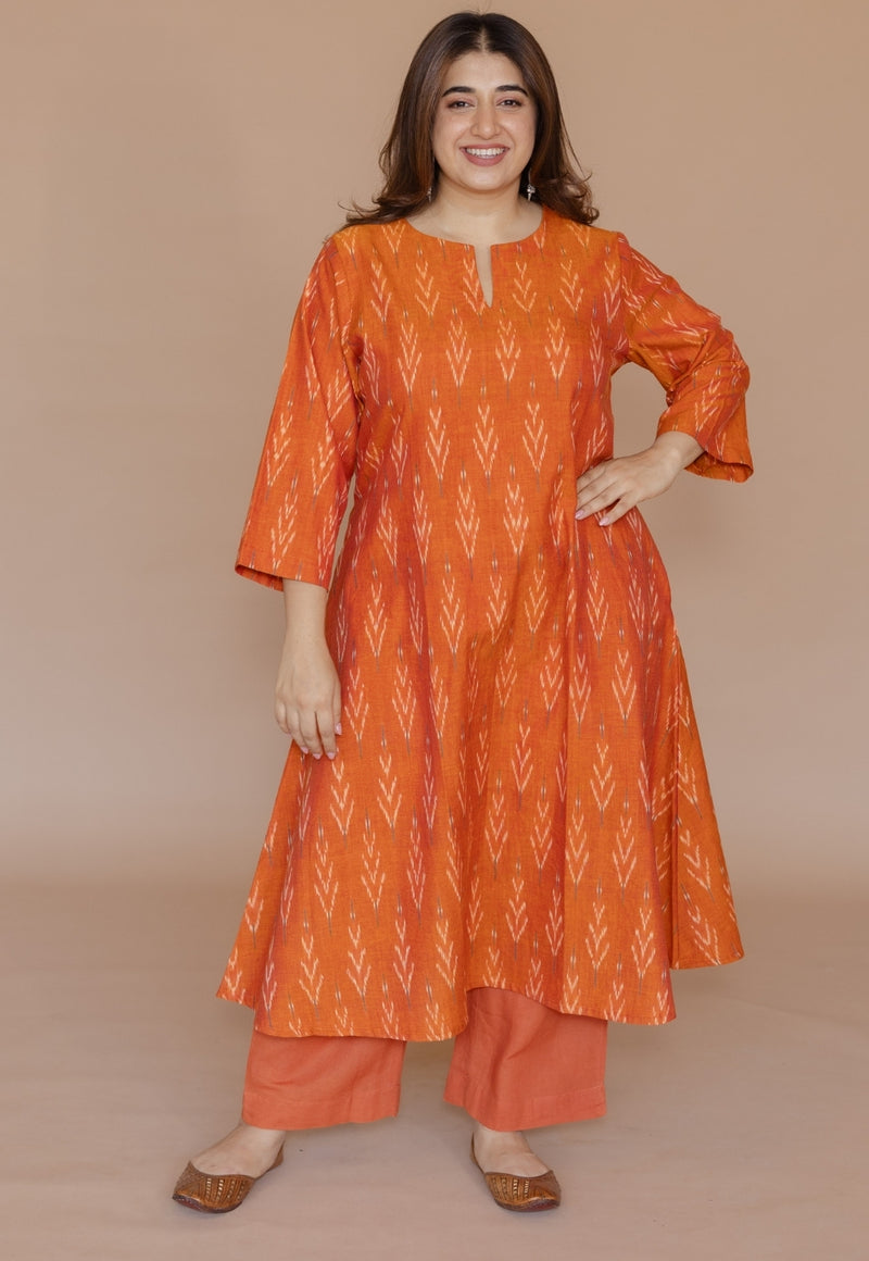 Geet Orange Handloom Ikkat Cotton A Line Kurta