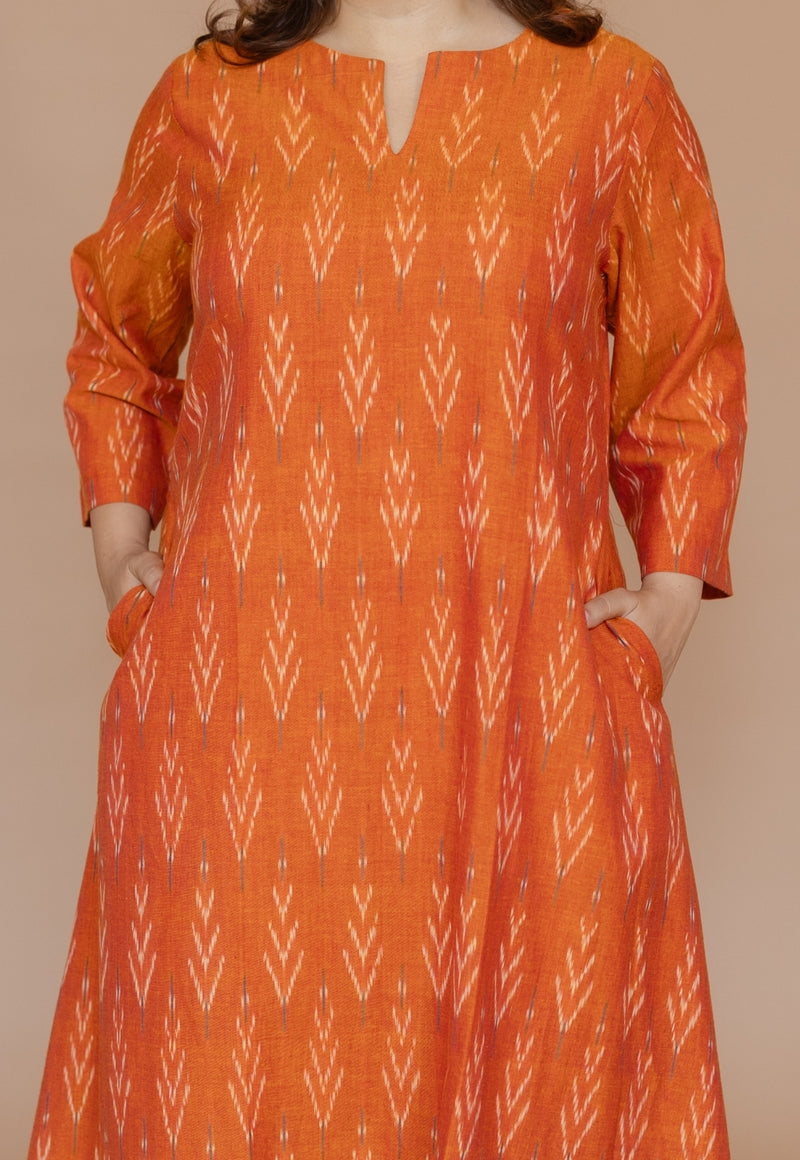 Geet Orange Handloom Ikkat Cotton A Line Kurta