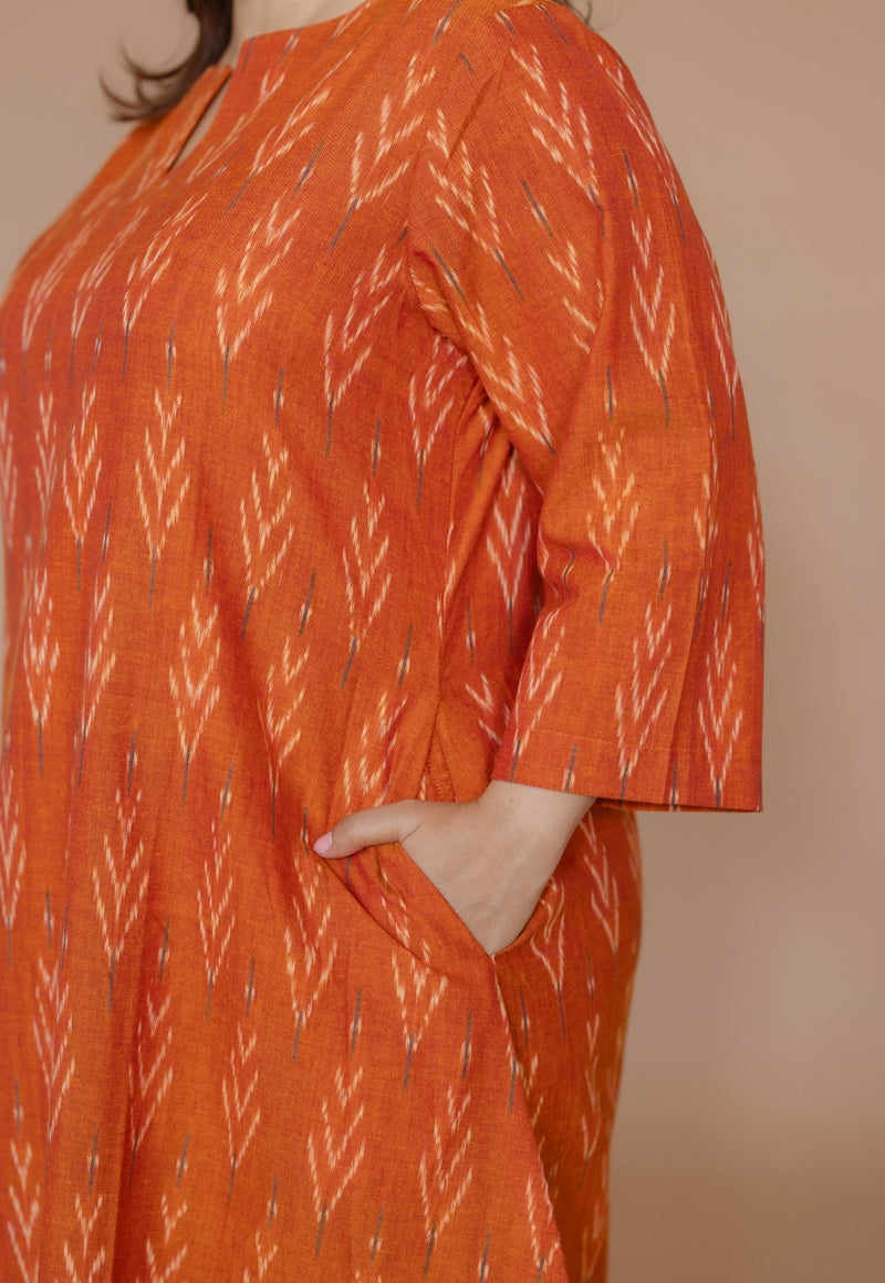 Geet Orange Handloom Ikkat Cotton A Line Kurta