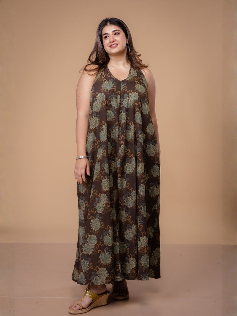 Naimat Brown Ajrakh Cotton A Line Dress