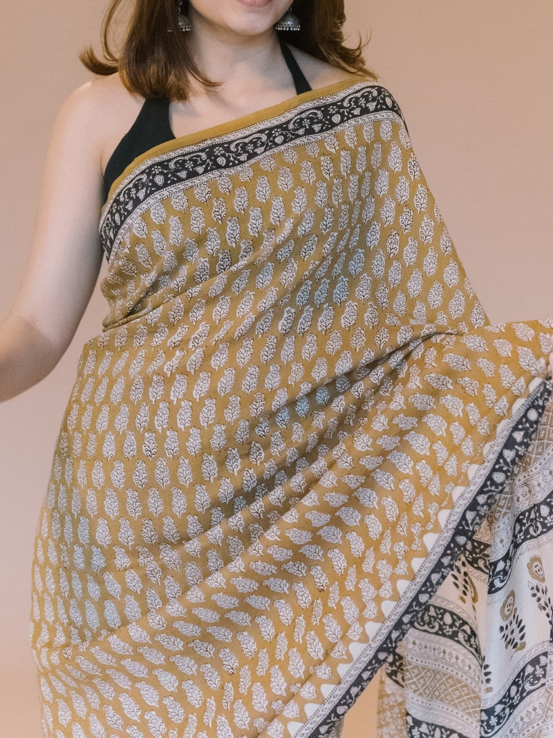 Yellow Butti Bagru Hand Block Print Modal Saree