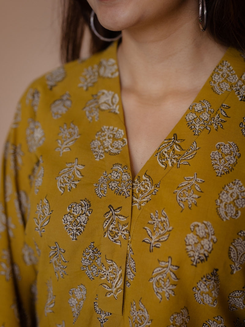 Avika Yellow Bagru Cotton Straight Kurta