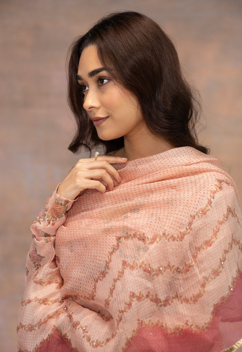 Rozhira Pink Sanganeri Chanderi Silk A Line Kurta with Hand Embroidery