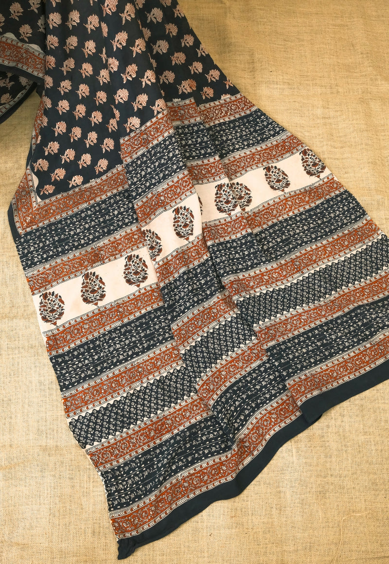 Black Butti Bagru Hand Block Print Modal Saree