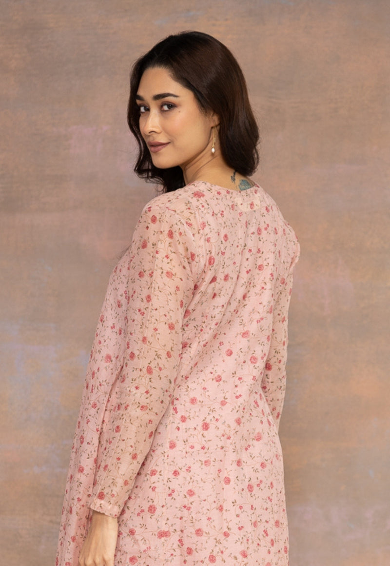 Rose Pink Sanganeri Chanderi Silk Kali Kurta with Hand Embroidery