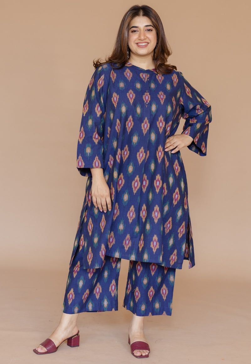Ayaat Blue Handloom Ikkat Cotton Straight Kurta