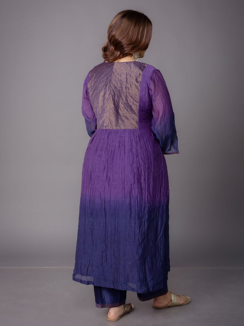 Indu Purple Ombre Chanderi Silk A Line Kurta with Hand Embroidery