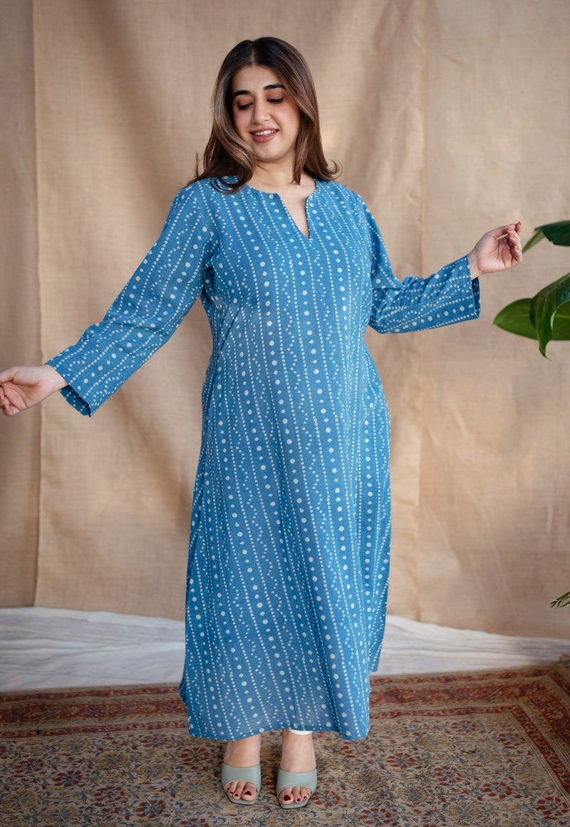 Shaili Indigo Dabu Slub Cotton A Line Kurta with Embroidery