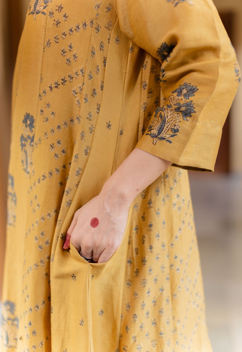 Sonia Mustard Ajrakh Chanderi Silk Kali Kurta with Hand Embroidery