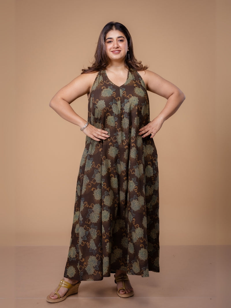 Naimat Brown Ajrakh Cotton A Line Dress