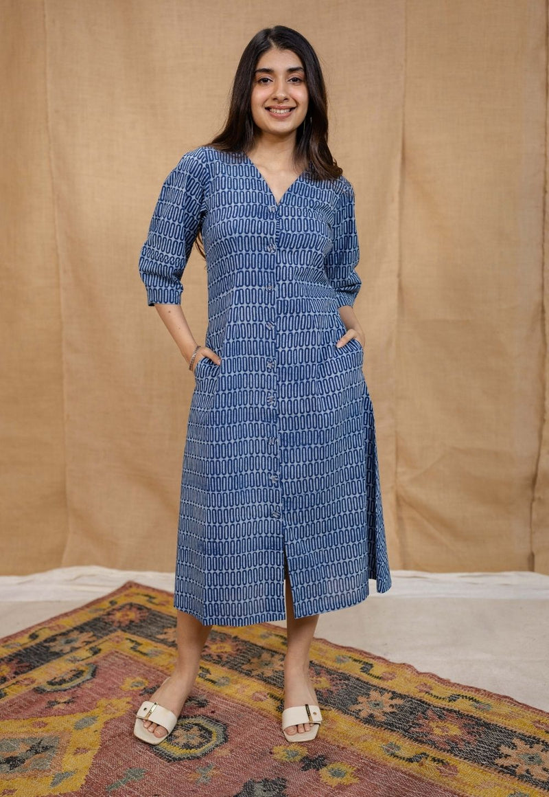 Gia Indigo Dabu Cotton A Line Dress