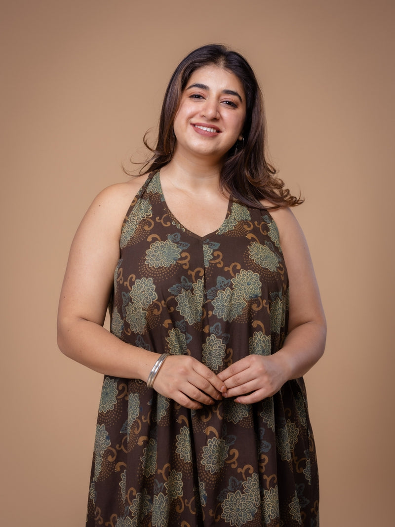 Naimat Brown Ajrakh Cotton A Line Dress