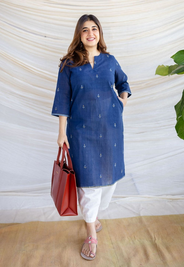 Zahira Indigo Jamdani Handwoven Cotton Straight Kurta