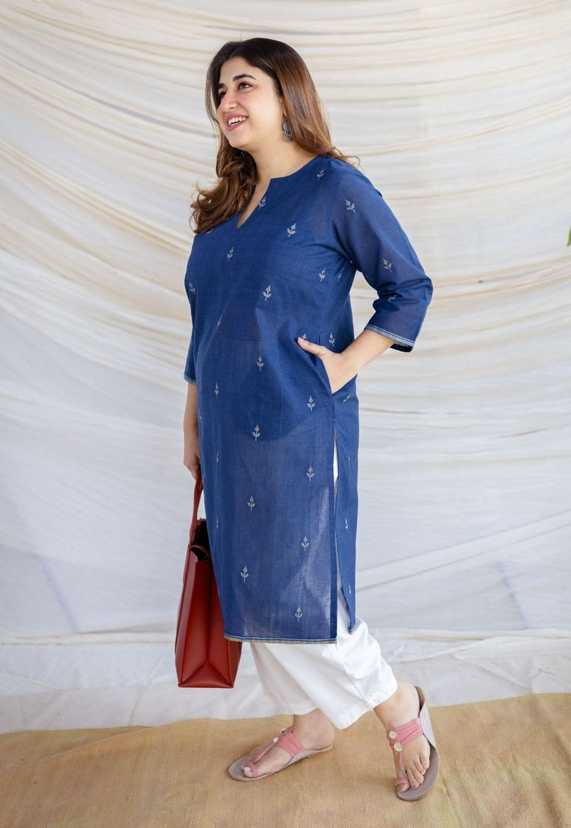 Zahira Indigo Jamdani Handwoven Cotton Straight Kurta