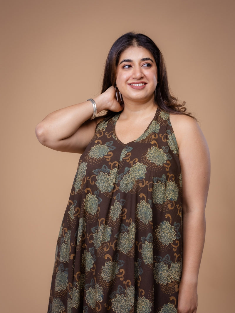 Naimat Brown Ajrakh Cotton A Line Dress