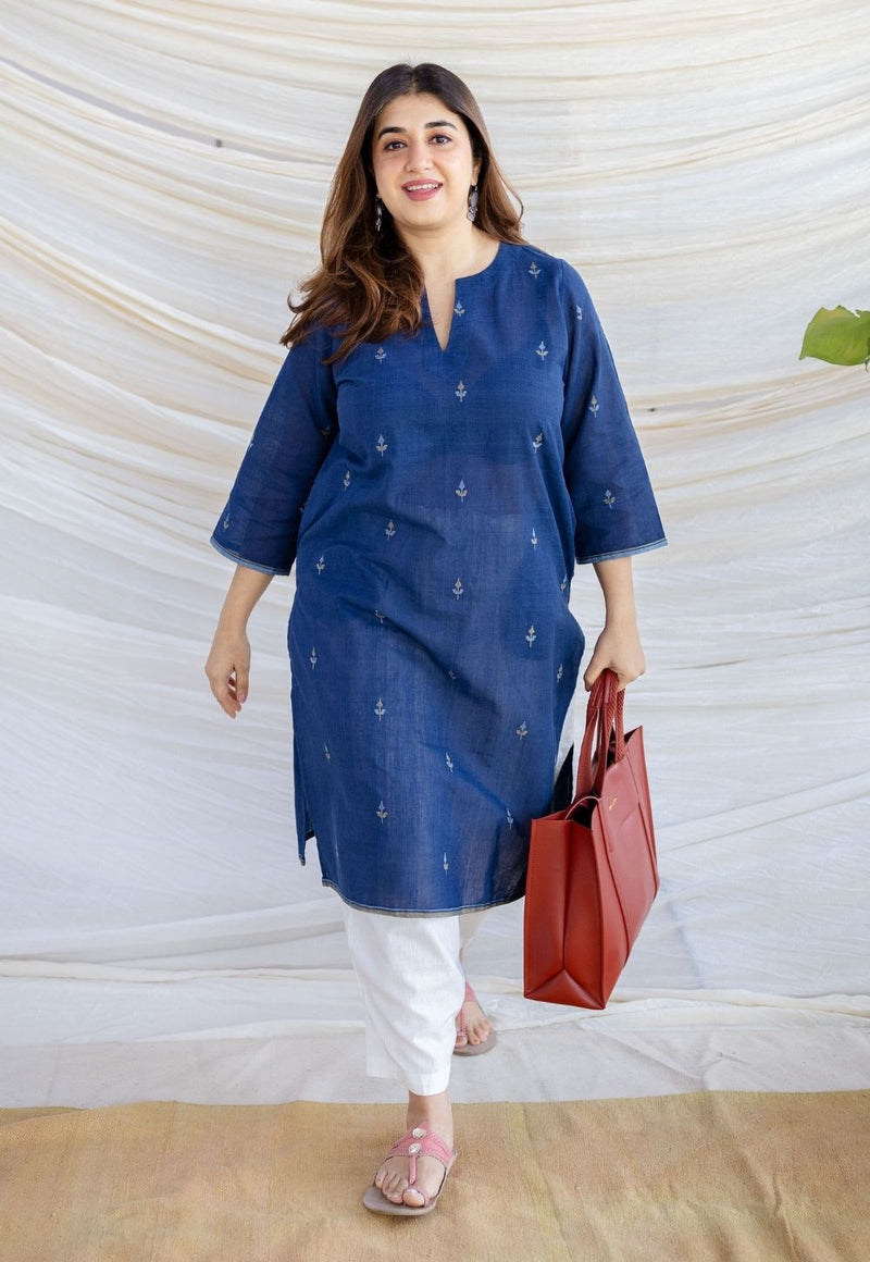 Zahira Indigo Jamdani Handwoven Cotton Straight Kurta