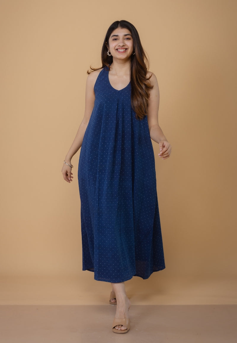 Tashi Blue Ajrakh Cotton A Line Dress