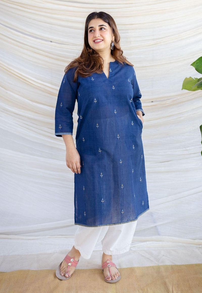 Zahira Indigo Jamdani Handwoven Cotton Straight Kurta