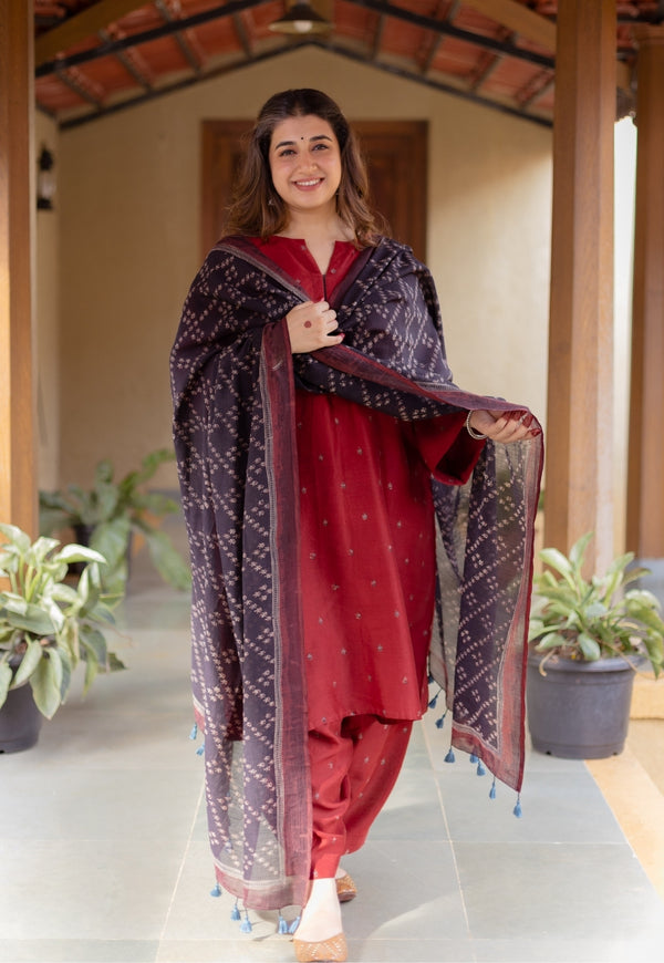 Black Floral Line Ajrakh Chanderi Silk Dupatta