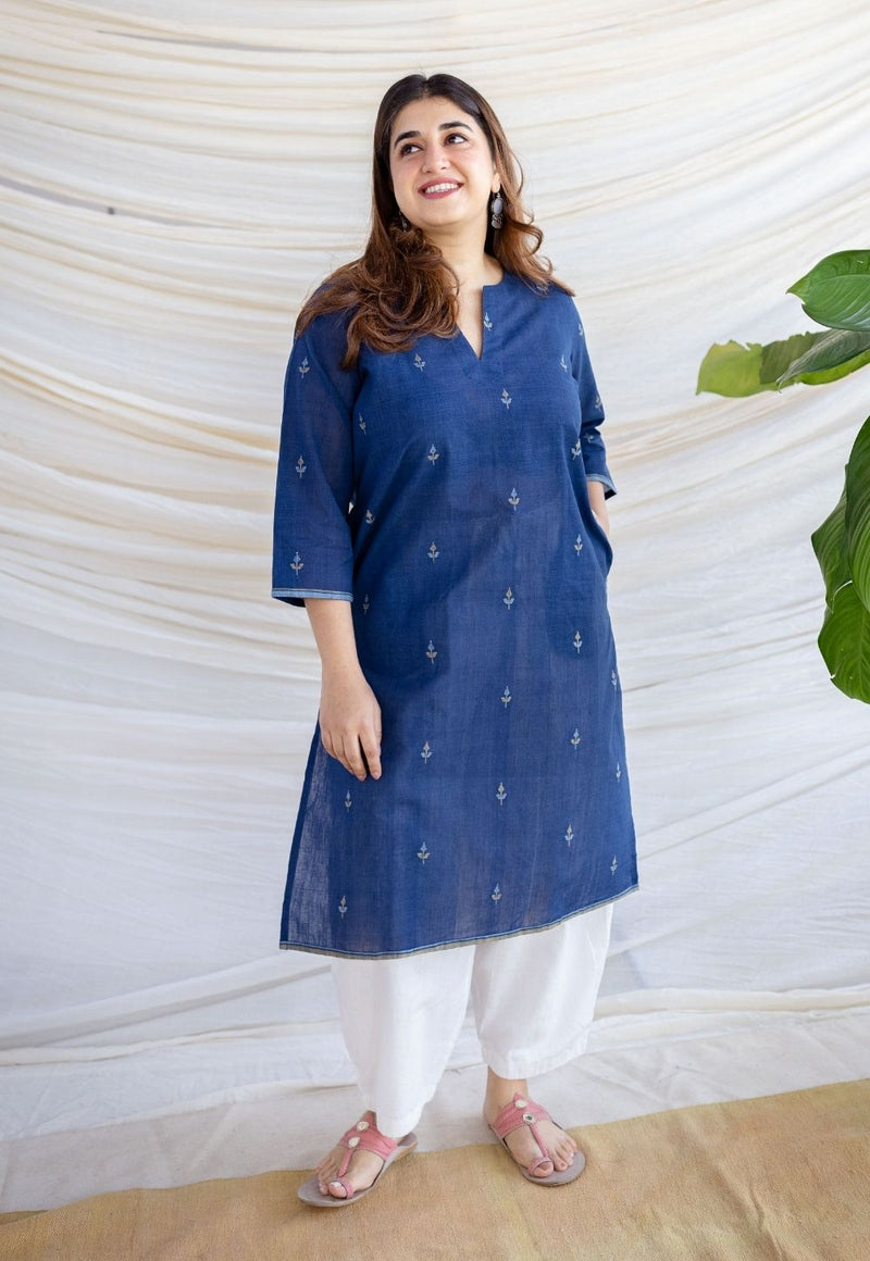 Zahira Indigo Jamdani Handwoven Cotton Straight Kurta