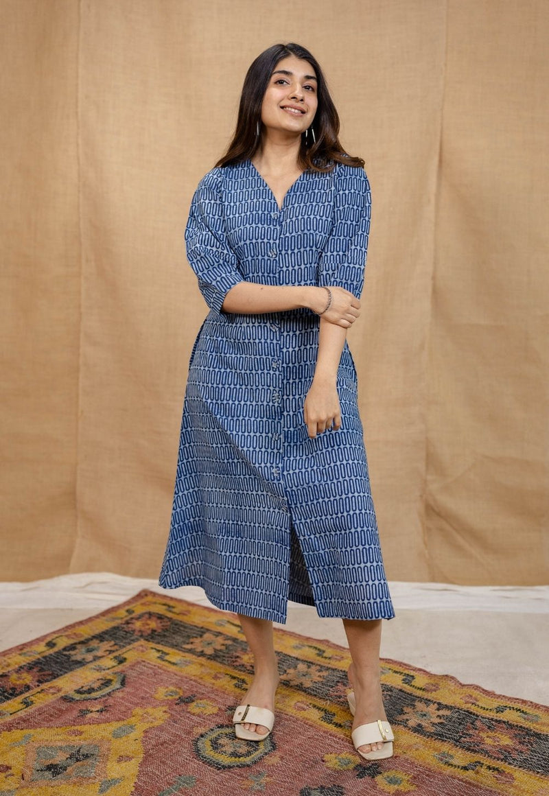 Gia Indigo Dabu Cotton A Line Dress