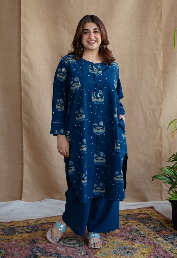 Kochi Indigo Ajrakh Cotton Straight Kurta with Hand Embroidery