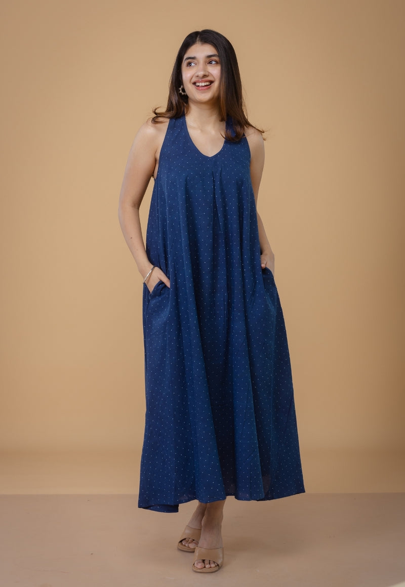 Tashi Blue Ajrakh Cotton A Line Dress