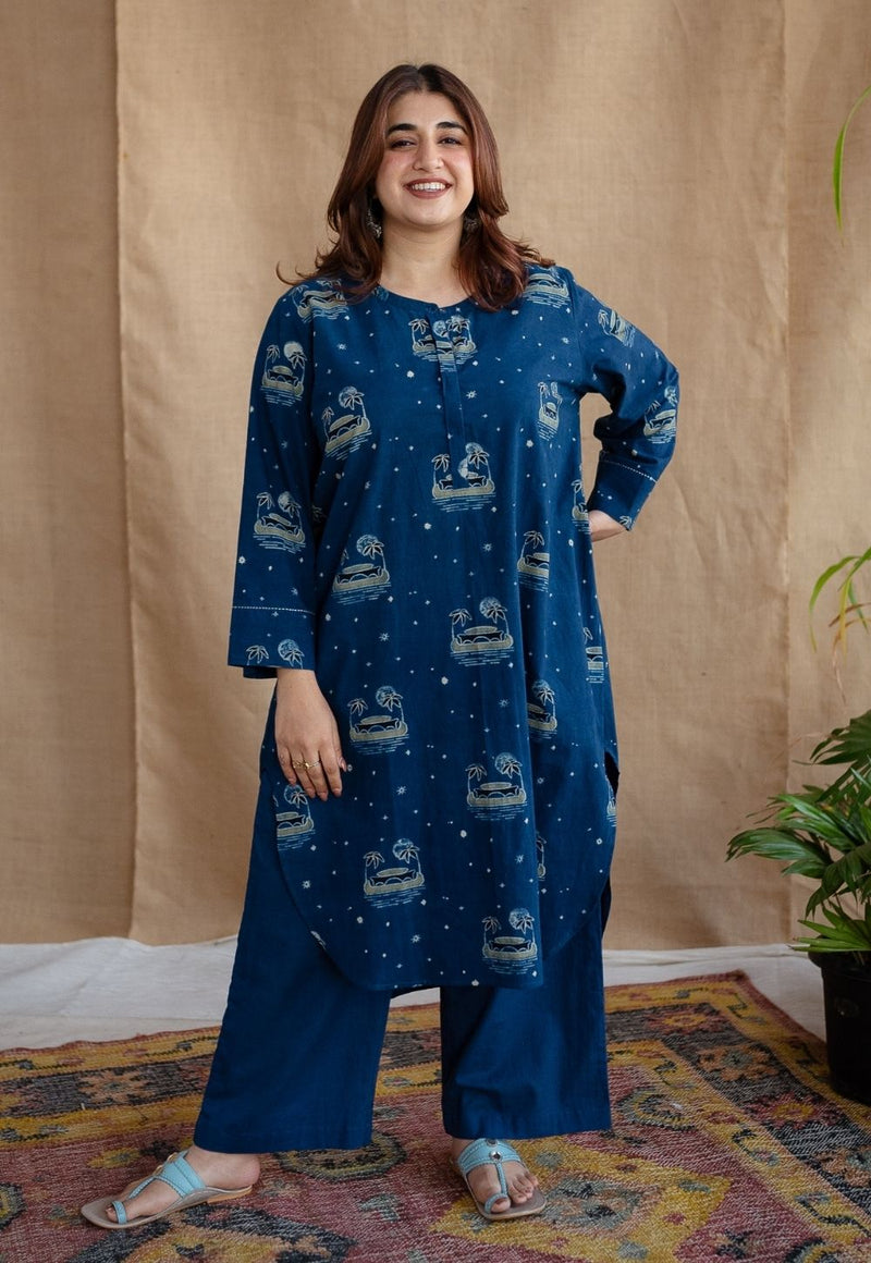 Kochi Indigo Ajrakh Cotton Straight Kurta with Hand Embroidery