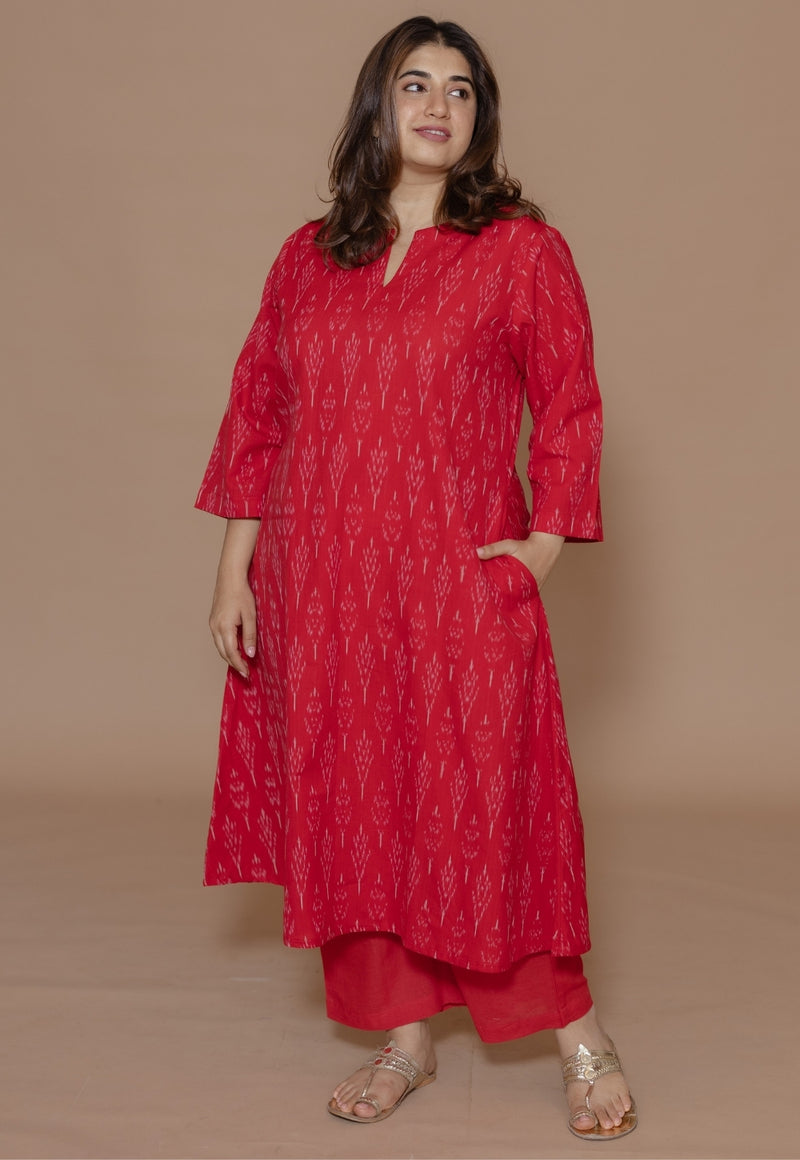 Geet Red Handloom Ikkat Cotton A Line Kurta