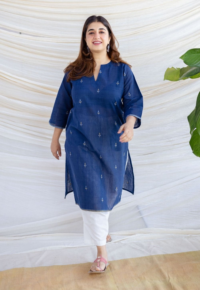 Zahira Indigo Jamdani Handwoven Cotton Straight Kurta