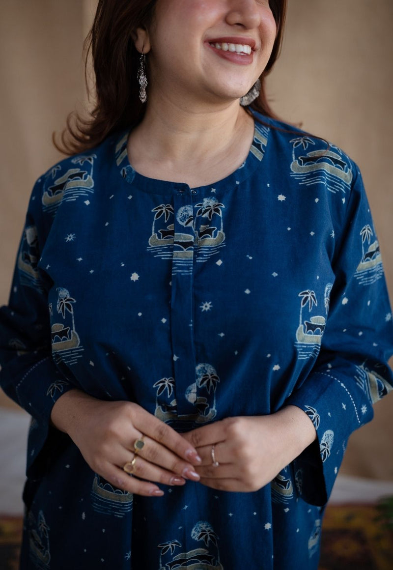 Kochi Indigo Ajrakh Cotton Straight Kurta with Hand Embroidery